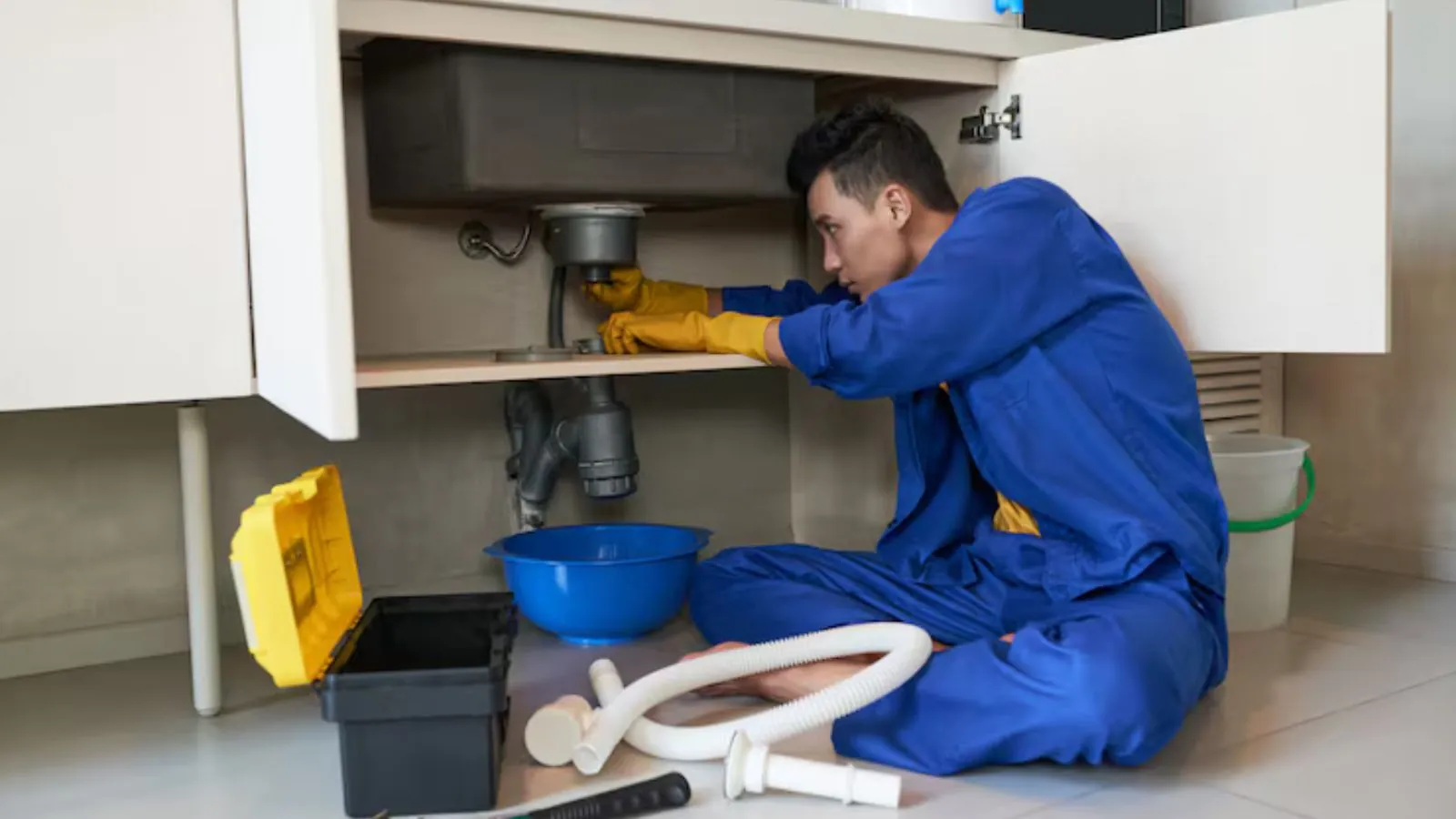 Plumber servicing under-sink plumbing in a commercial kitchen