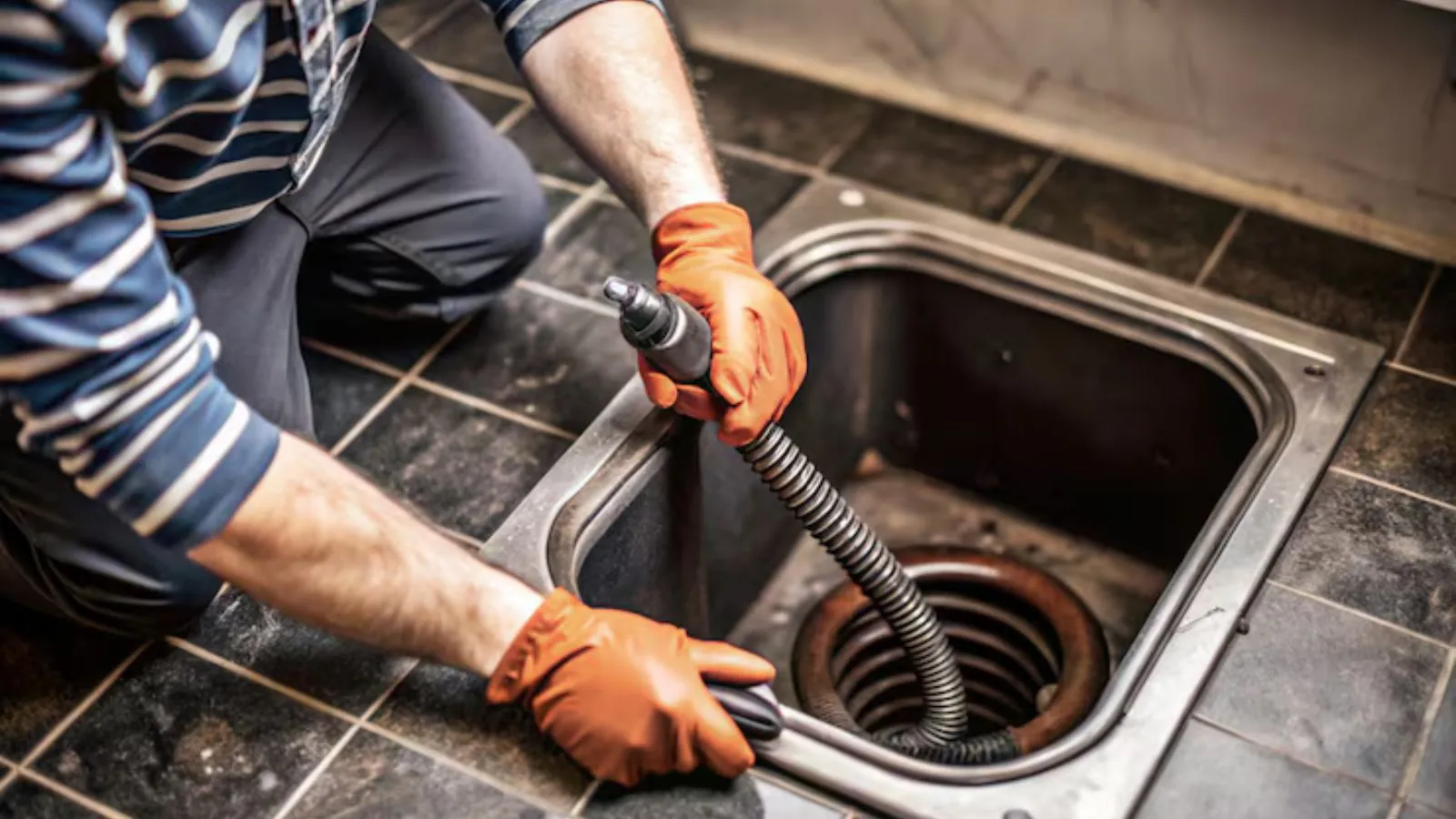 Plumber using a drain snake to clear a kitchen sink clog