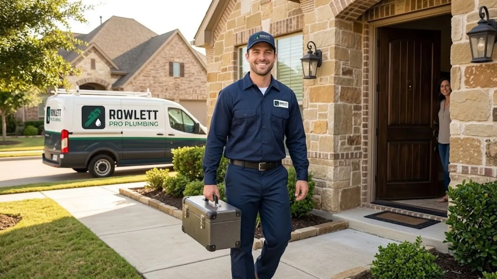 Rowlett Pro Plumbing technician and service van arriving at a home in Rowlett, TX