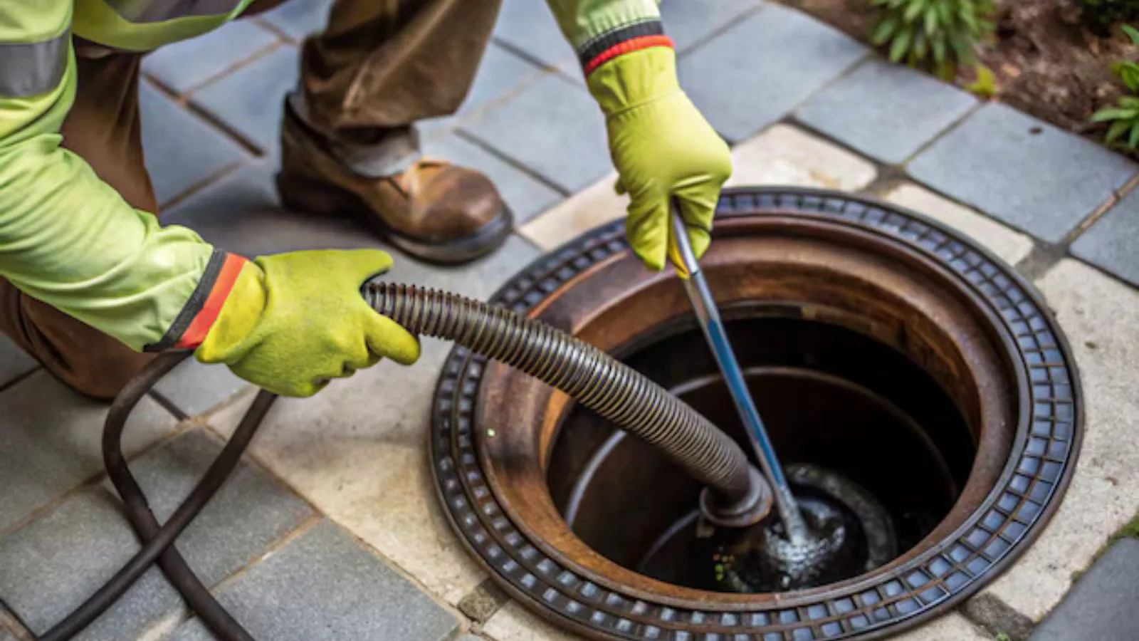 Plumbers using hydro jetting equipment at a sewer cleanout access point