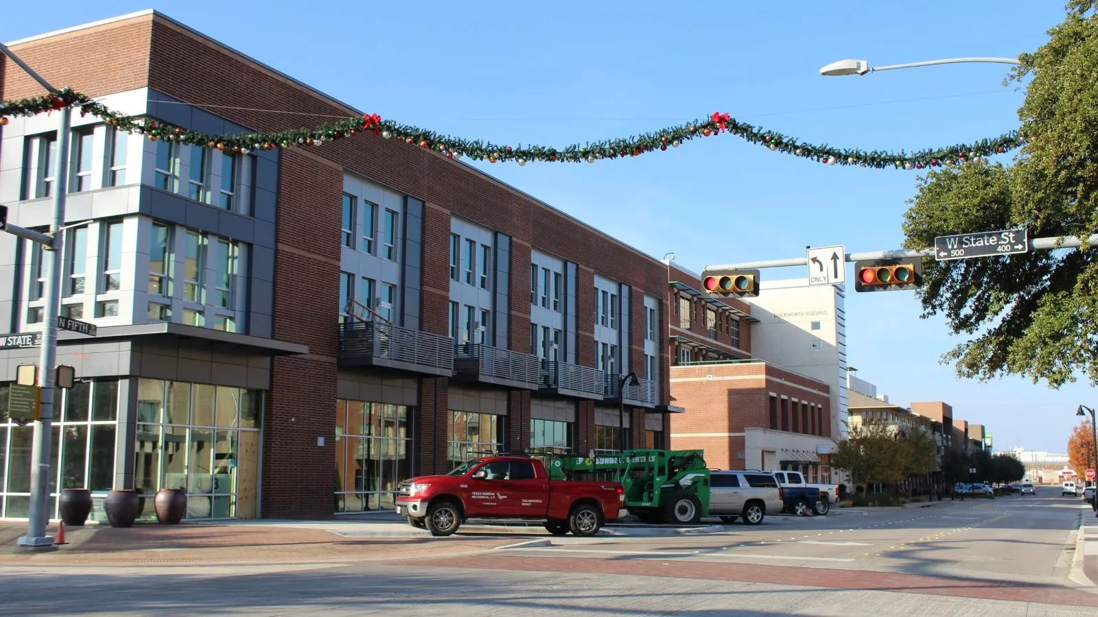 Downtown Garland, TX streetscape near State and Fifth Streets