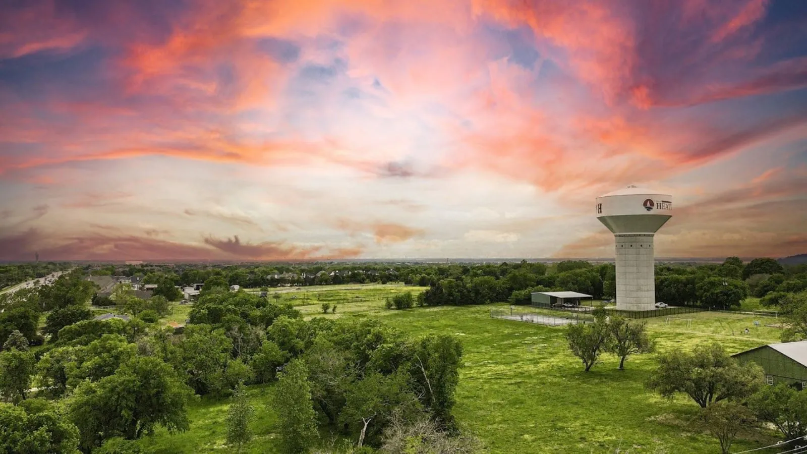 Aerial view near Heath, TX at sunset