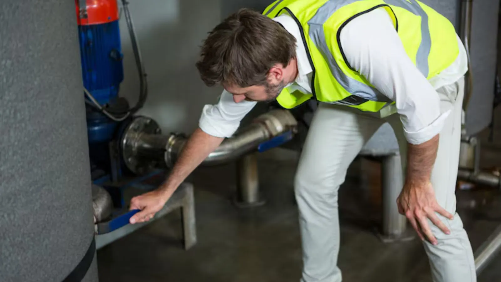 Plumber in protective gear repairing a slab leak indoors