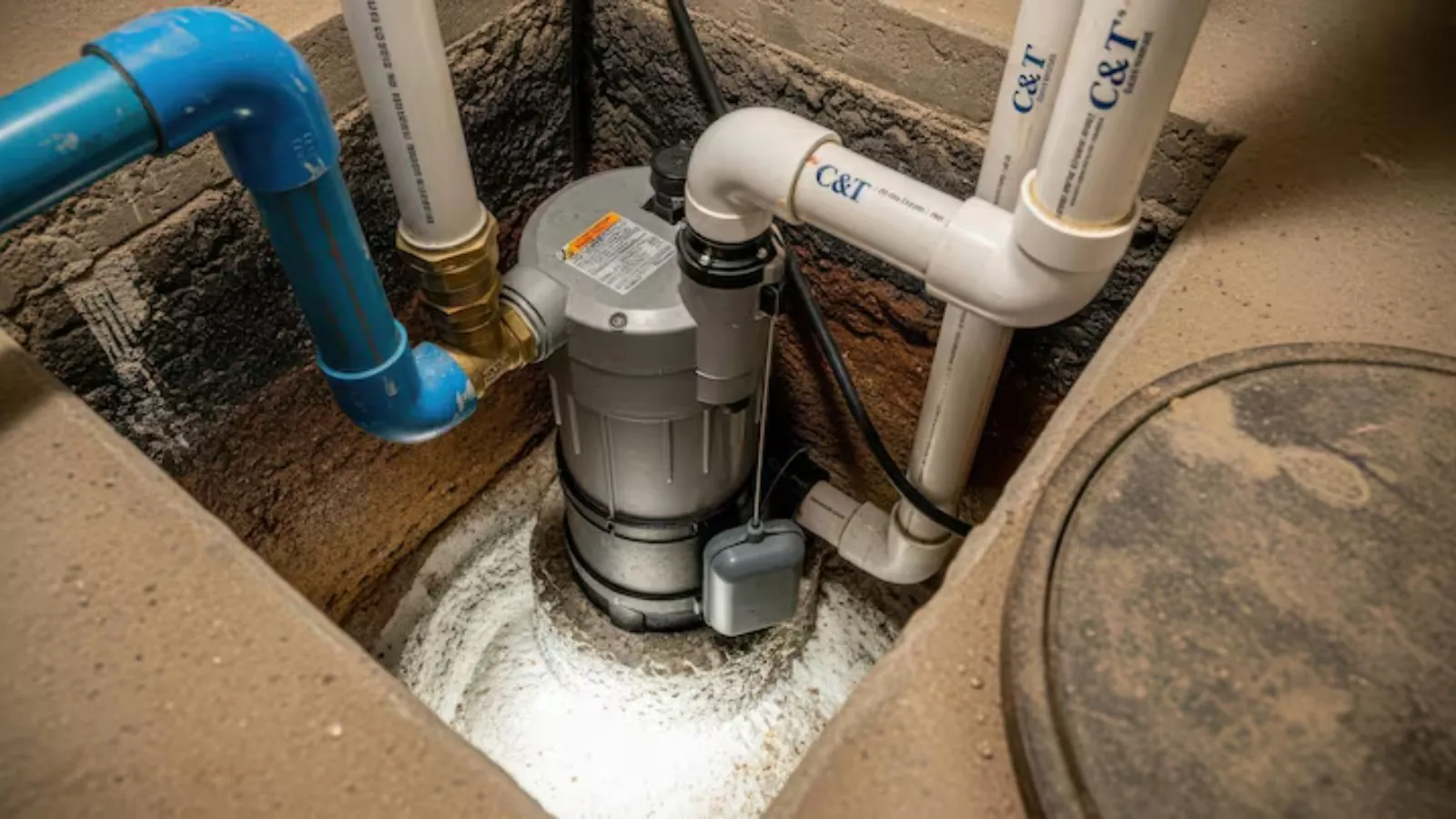 Sump pump installed in a basement sump pit