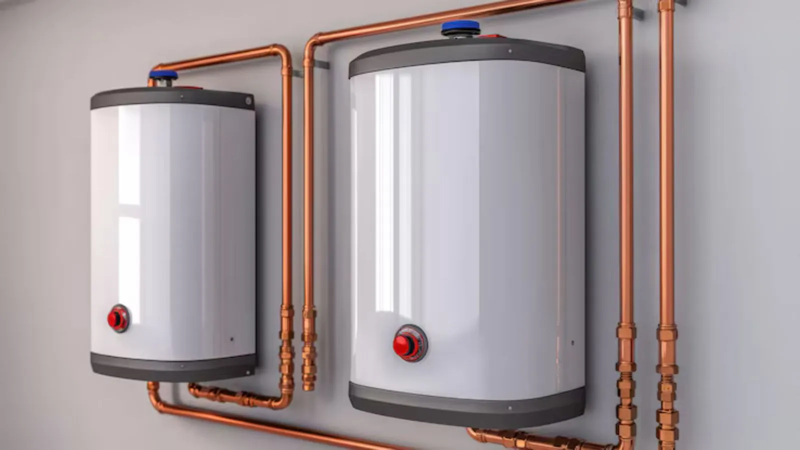 Tankless water heater units mounted on a garage wall