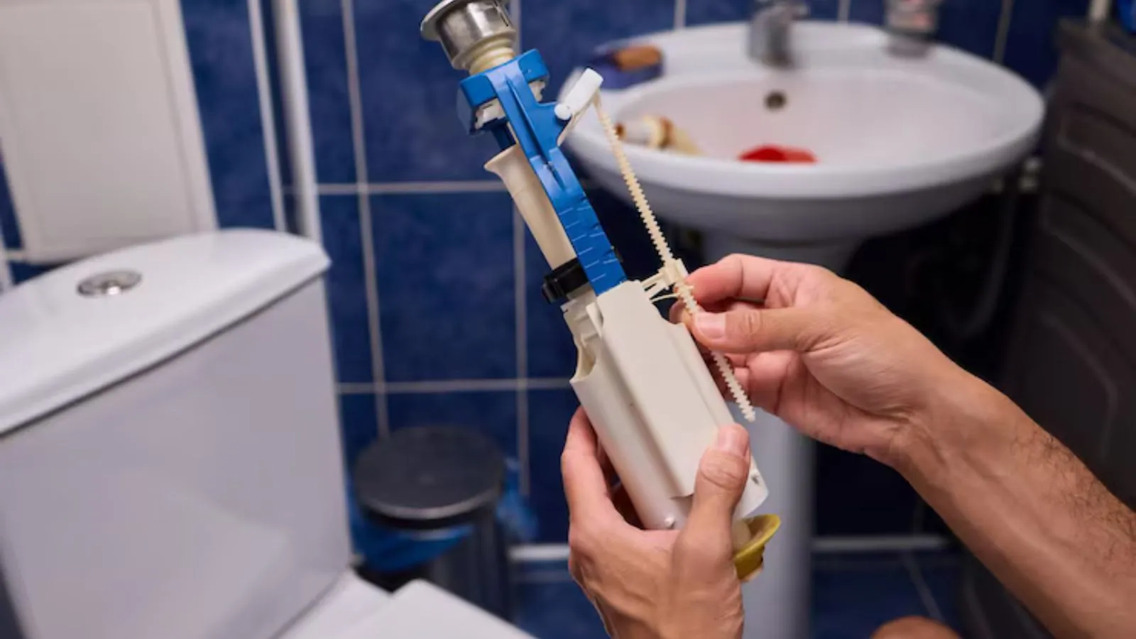 Plumber repairing toilet tank components