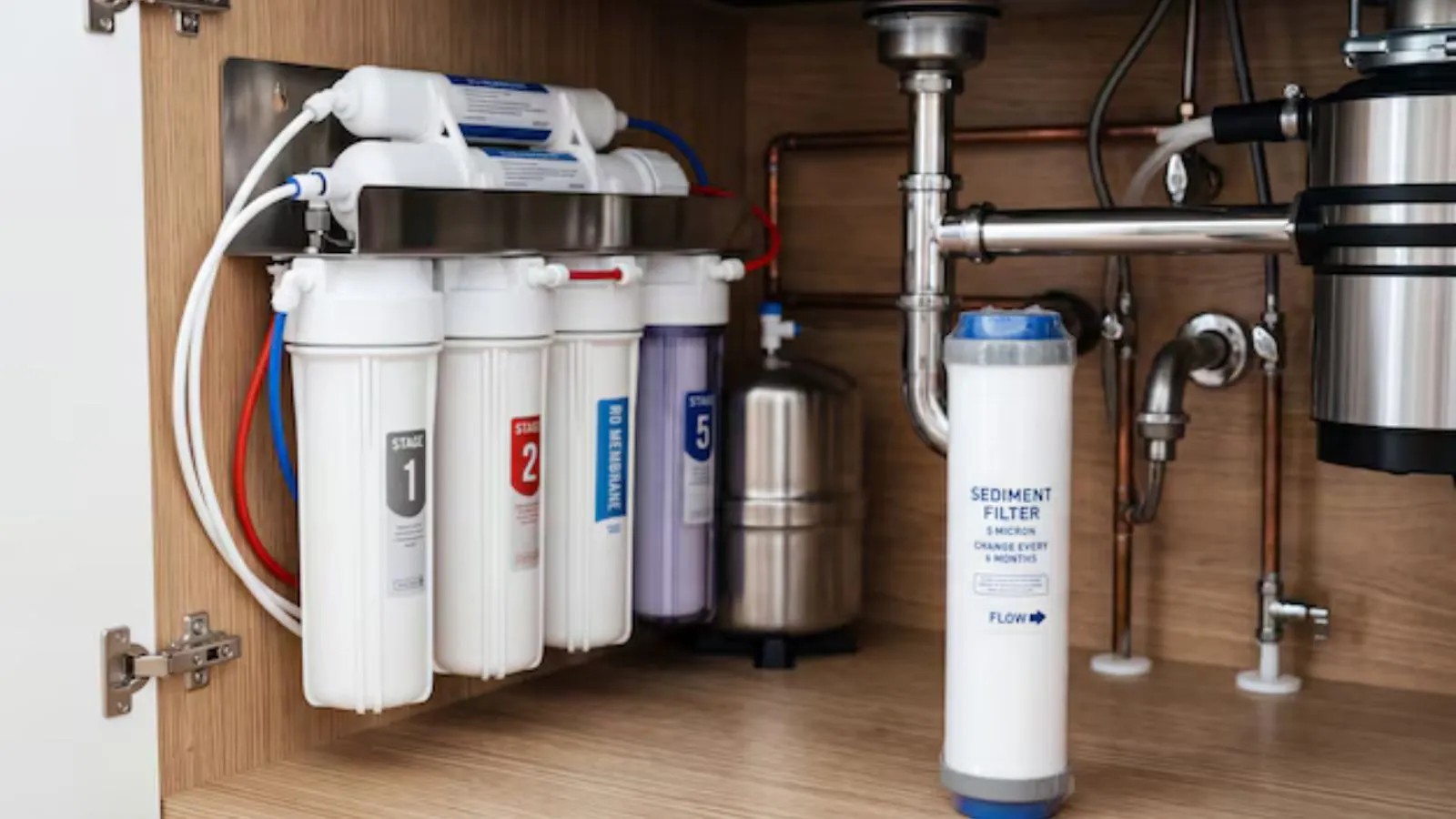 Under-sink water filtration system with multiple filter stages