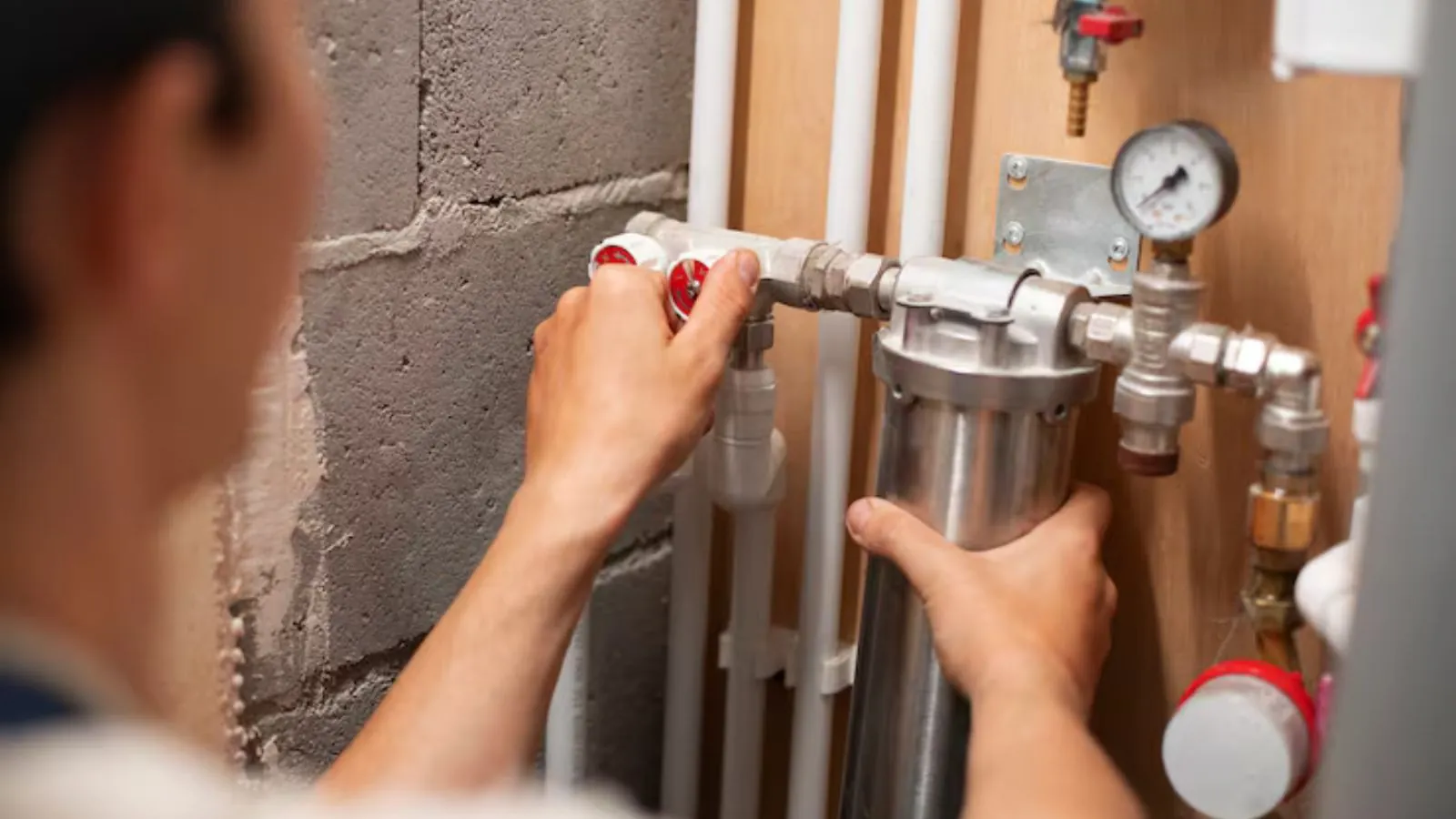 Plumber connecting fittings during a water heater installation