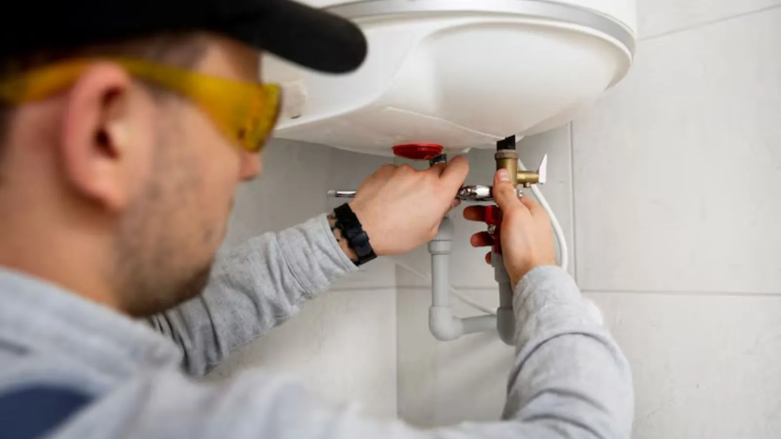 Plumber repairing a water heater valve in a Rowlett, TX home