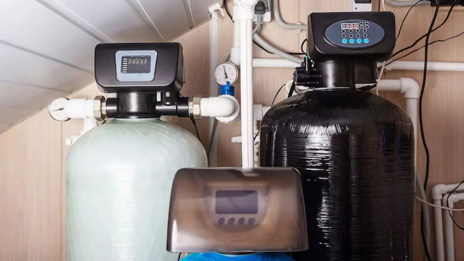 Water softener and brine tank system installed in a garage