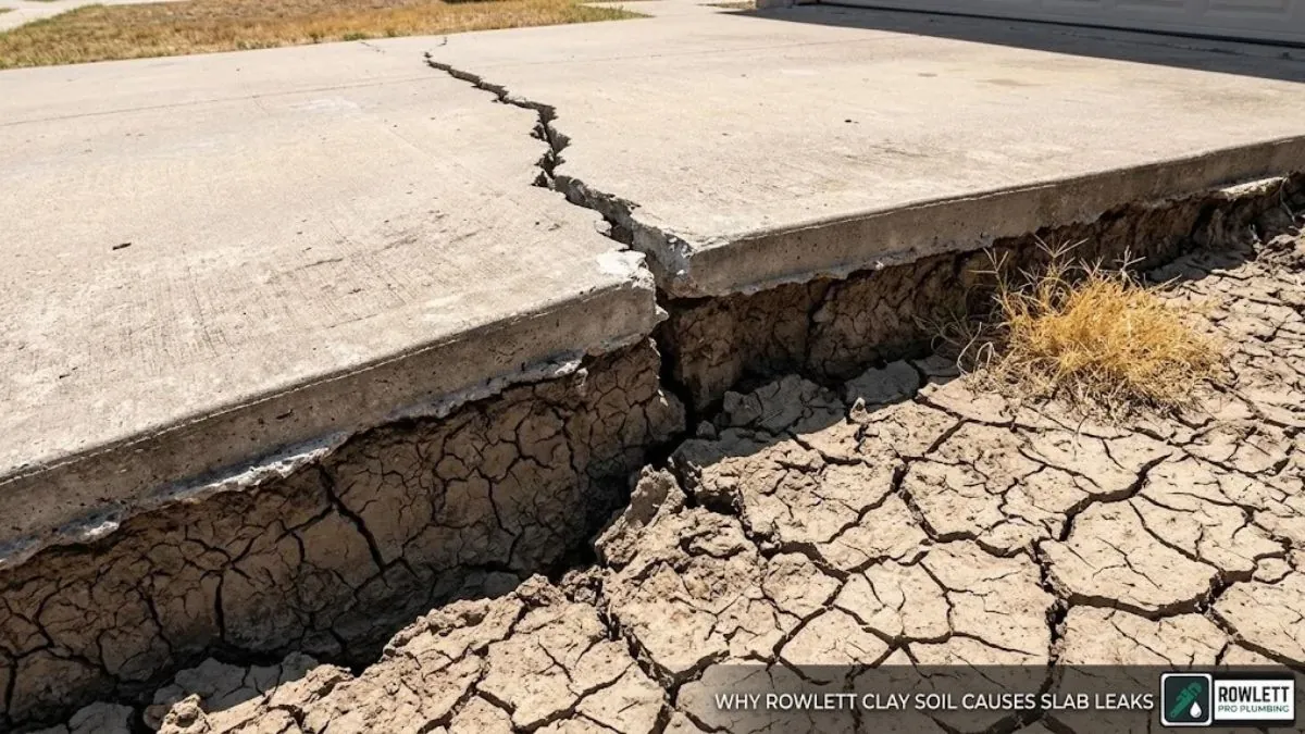 Cracked, dry clay soil illustrating why Rowlett, TX homes get slab leaks